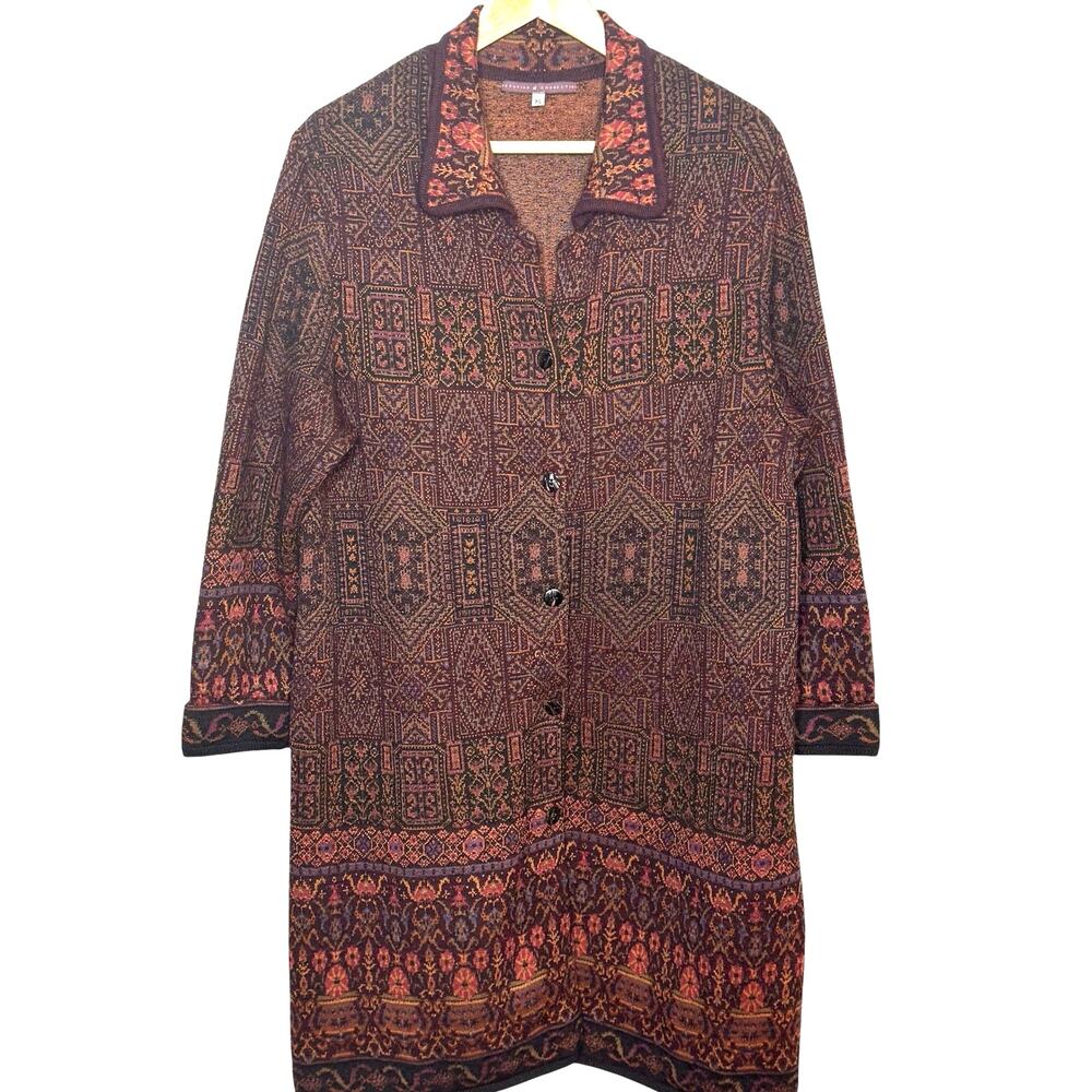 Peruvian Connection Baby Alpaca Wool Cotton XL Tapestry Knit Button Up Cardigan